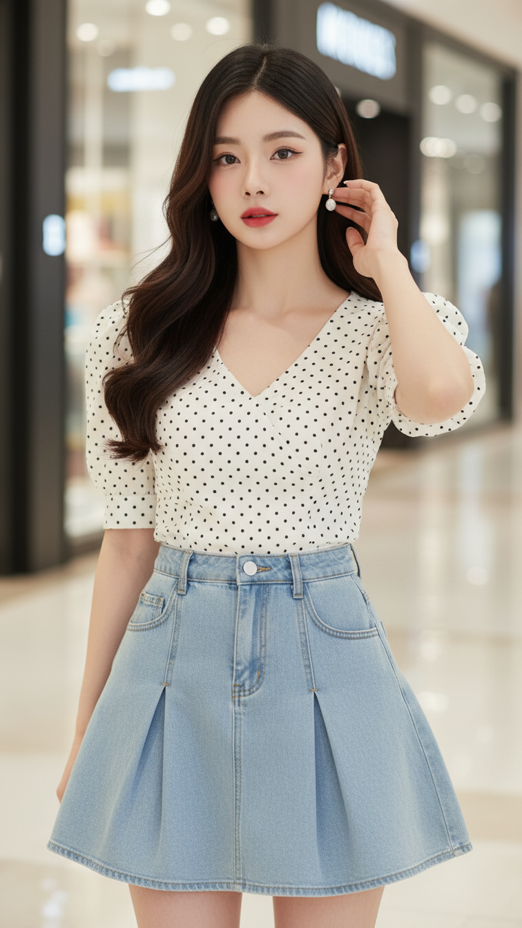 Chân dung gái trẻ thanh lịch trong trang phục hiện đại tại trung tâm mua sắm