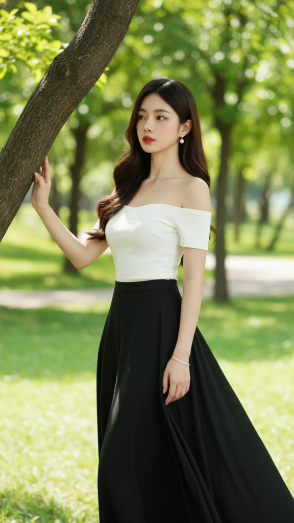 Chân dung thực tế của cô gái trẻ với phong cách thời trang tinh tế và nền thiên nhiên tuyệt đẹp