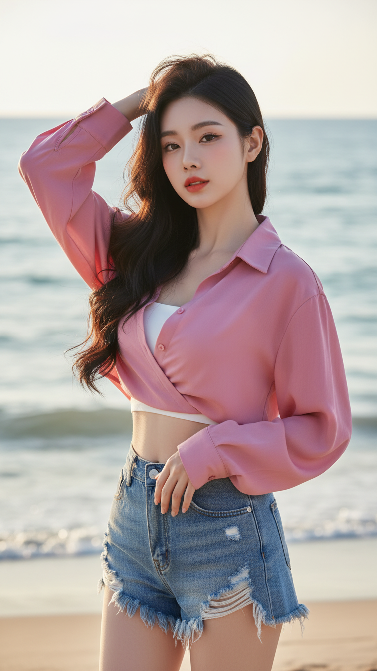 Chân dung cô gái trẻ bên bãi biển với phong cách tự tin và thanh lịch