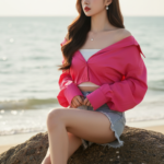 Chân dung cô gái trẻ mặc thời trang bên bờ biển đầy cuốn hút và tinh tế.