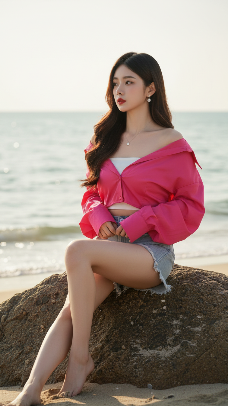 Chân dung cô gái trẻ mặc thời trang bên bờ biển đầy cuốn hút và tinh tế.