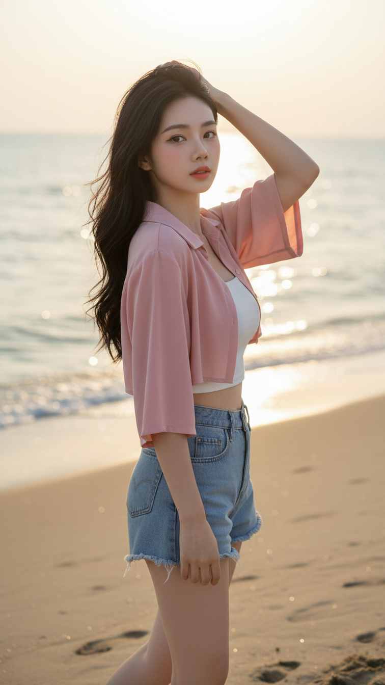 Chân dung cô gái trẻ tự tin bên bờ biển đầy lôi cuốn và thanh lịch