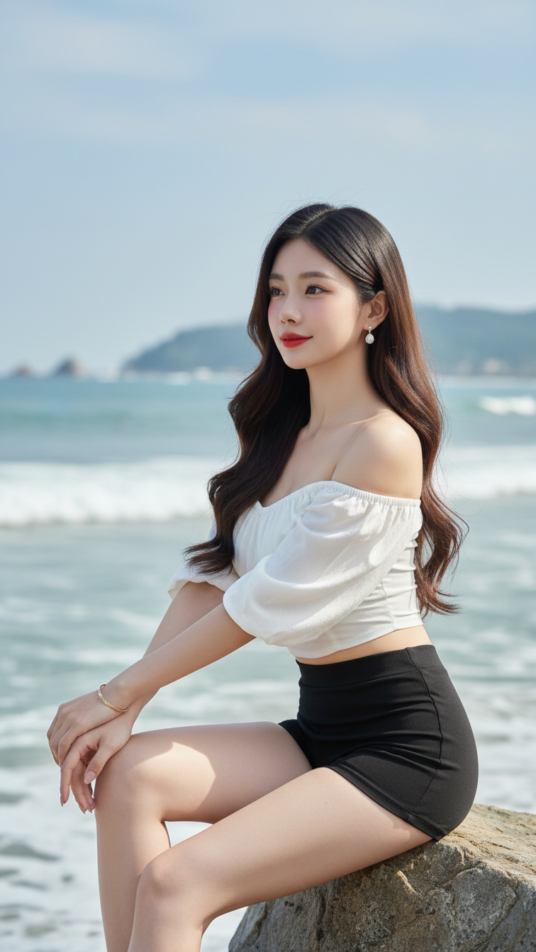 Chân dung thanh lịch của cô gái trẻ tại bãi biển hoàn hảo vào một ngày hè