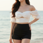 Vẽ chân dung thực tế của cô gái trẻ bên bờ biển vào buổi chiều vàng