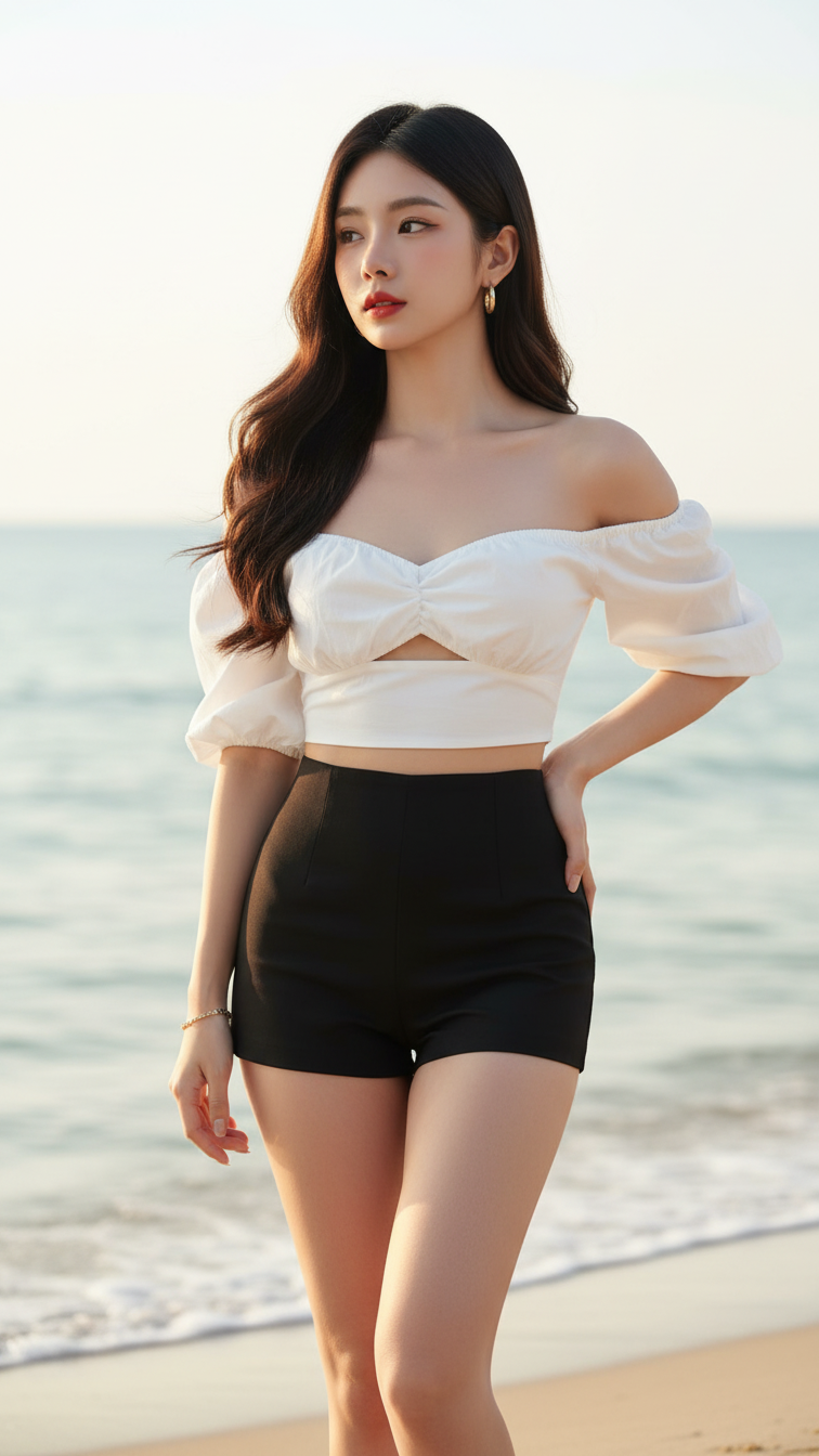 Vẽ chân dung thực tế của cô gái trẻ bên bờ biển vào buổi chiều vàng