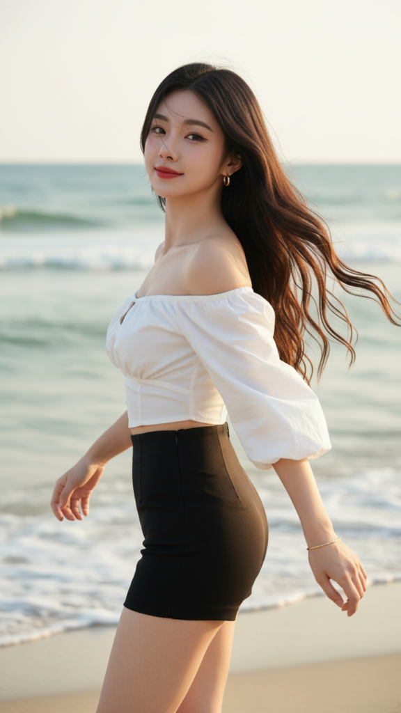 Chân dung cô gái trẻ duyên dáng bên bờ biển vào lúc hoàng hôn