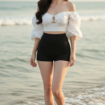 Chân dung nữ thanh lịch bên bãi biển với ánh sáng vàng ấm áp