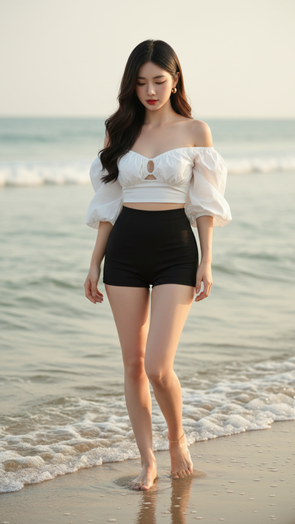 Chân dung nữ thanh lịch bên bãi biển với ánh sáng vàng ấm áp