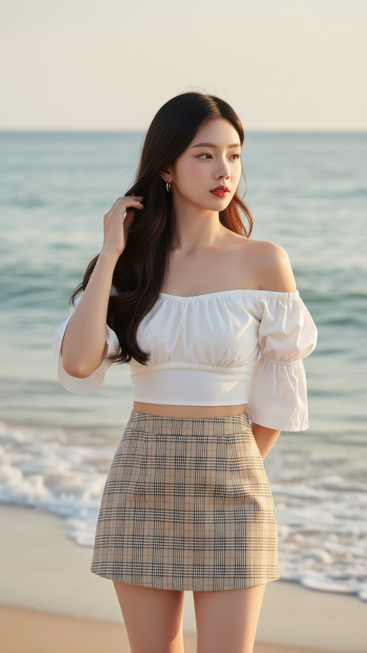 Chân dung cô gái trẻ bên biển với phong cách thời trang tinh tế và năng động