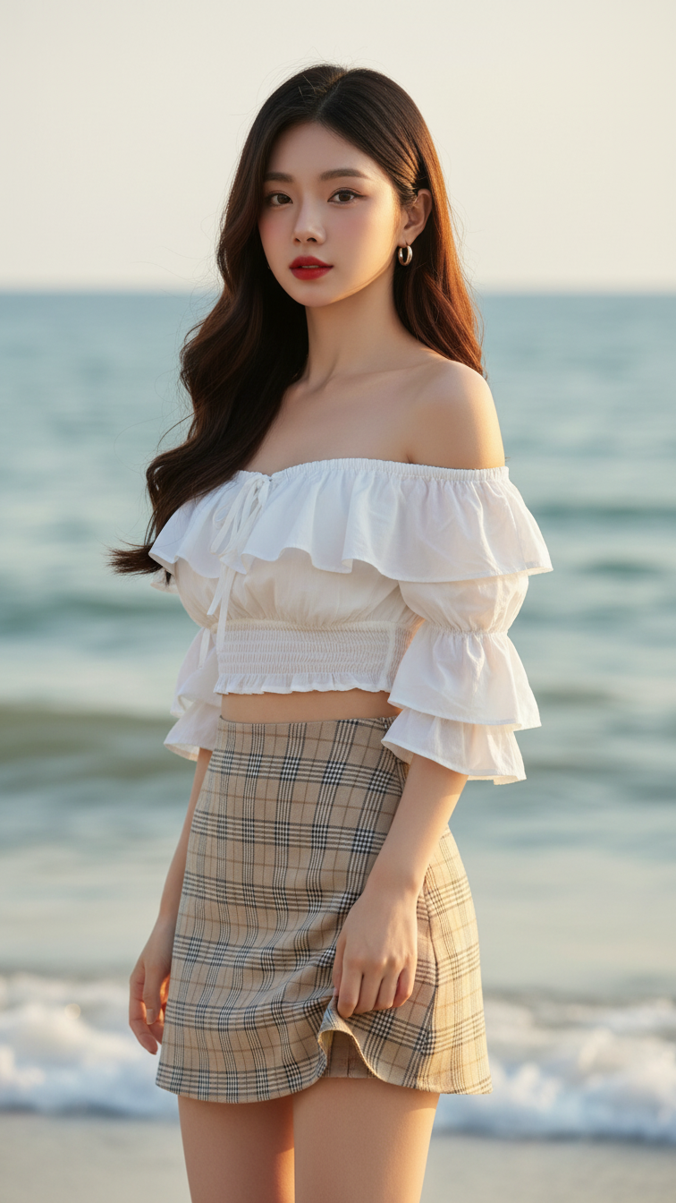 Chân dung cô gái trẻ bên biển với phong cách thời trang thanh lịch và tự nhiên