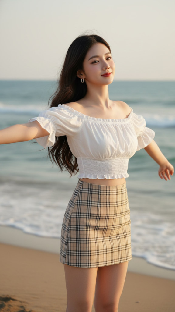 Chân dung cô gái trẻ bên biển với phong cách thời trang tinh tế và tự nhiên