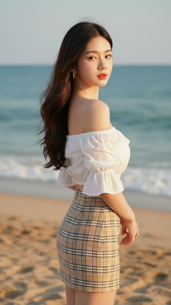 Chân dung cô gái trẻ bên biển với phong cách thời trang hiện đại và tự tin