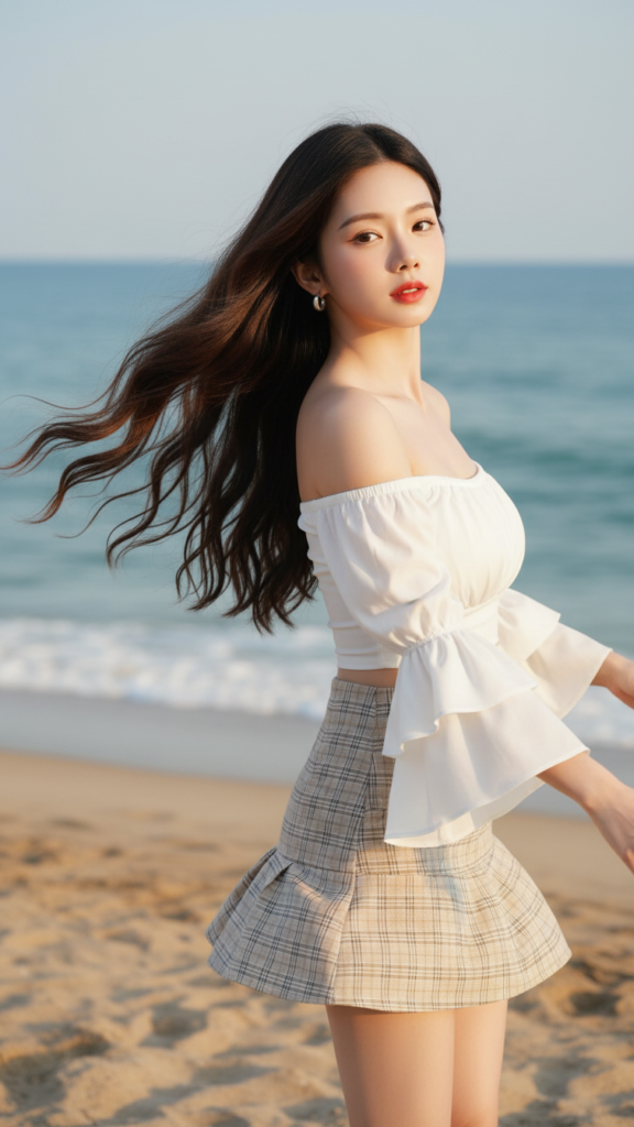Chân dung thực tế của cô gái trẻ bên biển với phong cách thời trang tinh tế