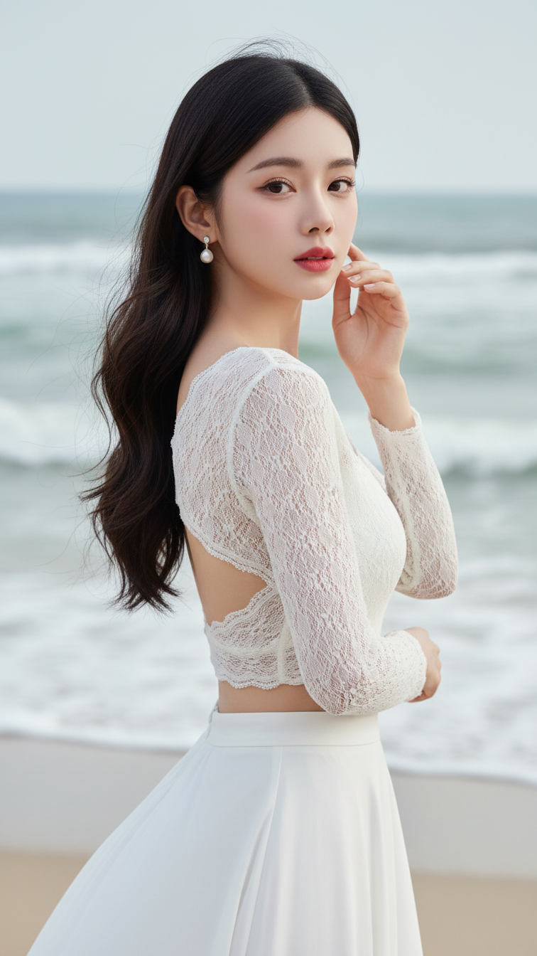 Chân dung thanh lịch bên bờ biển của cô gái trẻ thời trang 18 đến 25 tuổi
