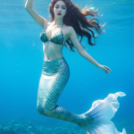 Vẽ chân dung nữ sinh đẹp như nàng tiên cá dưới nước với biển xanh rực rỡ