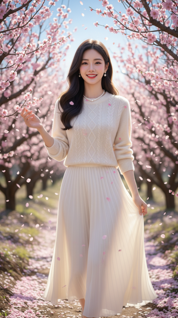 Chân dung cô gái trẻ trong bối cảnh xuân thanh lịch và tươi sáng