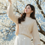 Vẻ đẹp trẻ trung trong trang phục xuân cùng không gian rực rỡ hoa trắng tự nhiên