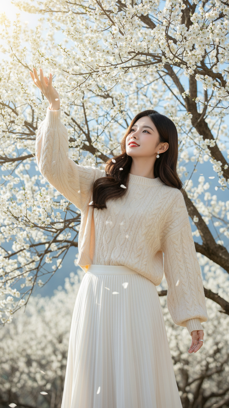 Vẻ đẹp trẻ trung trong trang phục xuân cùng không gian rực rỡ hoa trắng tự nhiên
