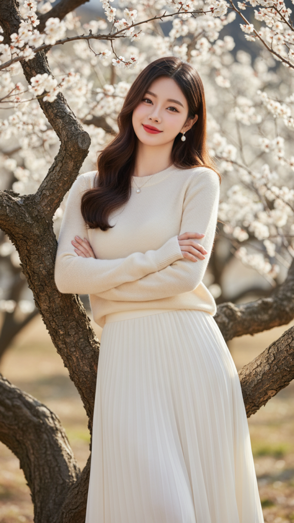 Chân dung thời trang xuân của cô gái trẻ bên cây mận cổ kính với nét tươi sáng tự nhiên.