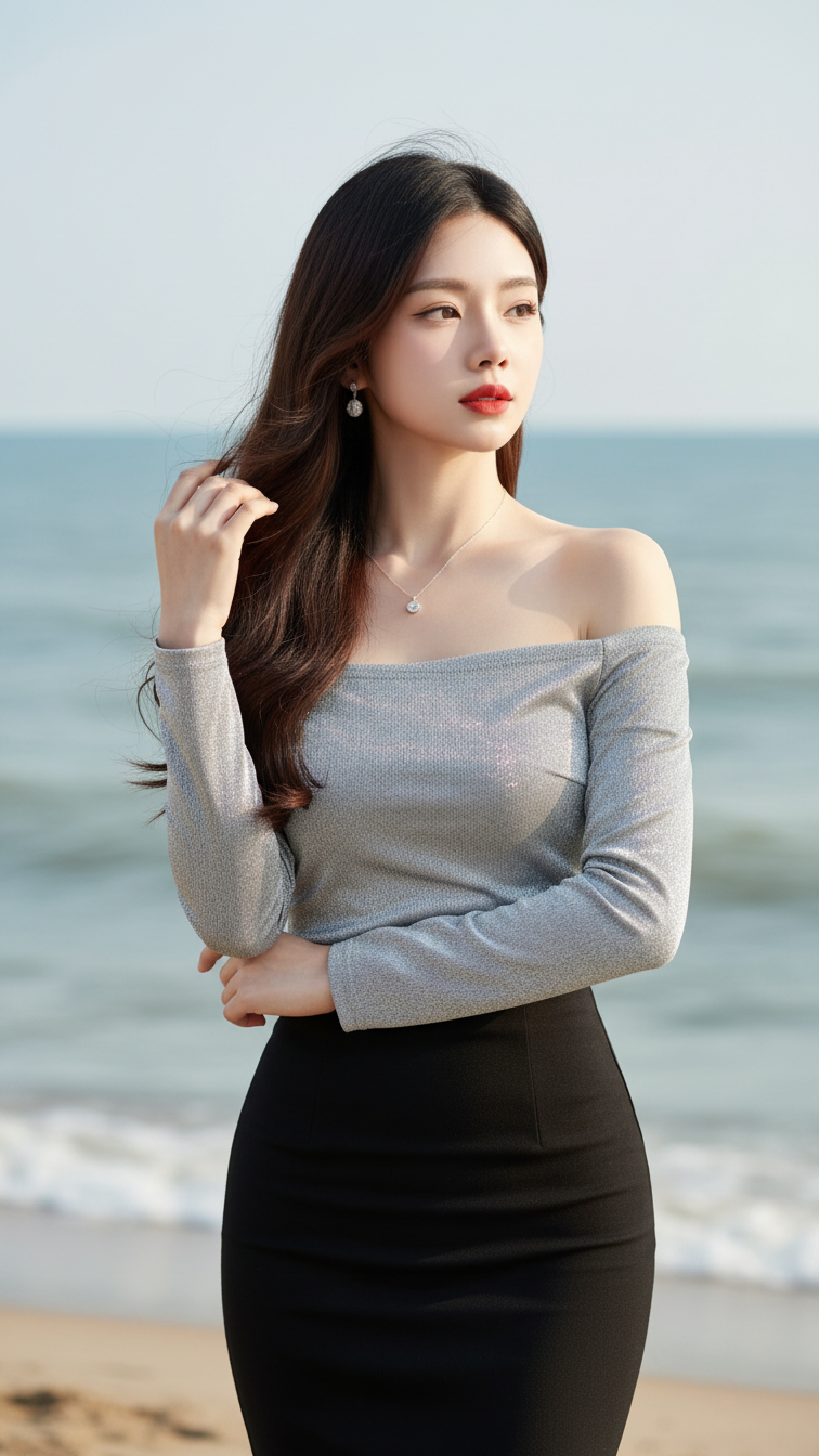 Chân dung quyến rũ của cô gái châu Á bên biển trong ánh sáng tự nhiên