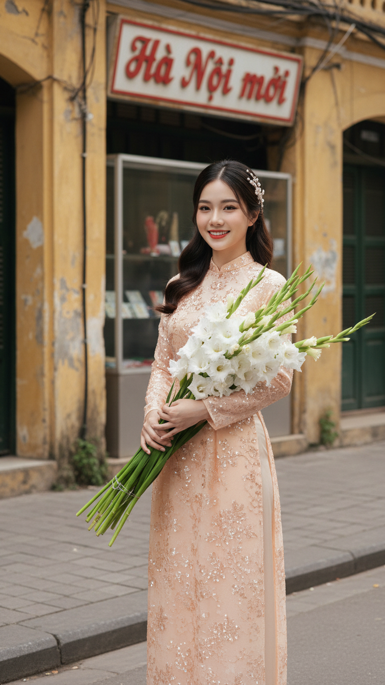 Chân dung hyperrealistic của cô gái Việt trong áo dài bên phố Hà Nội cổ kính