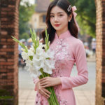 Khắc họa chân dung nữ thanh niên Đông Á duyên dáng trong bộ áo dài truyền thống