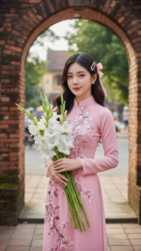 Khắc họa chân dung nữ thanh niên Đông Á duyên dáng trong bộ áo dài truyền thống