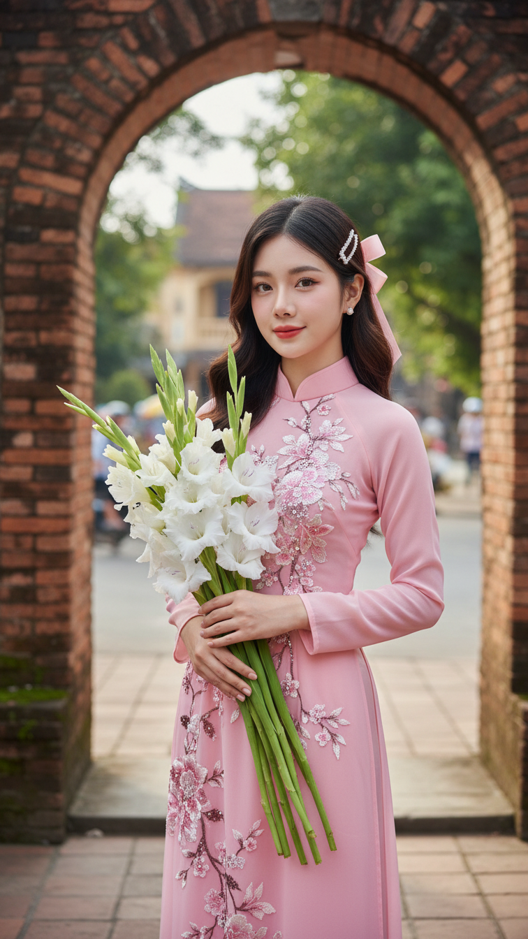 Khắc họa chân dung nữ thanh niên Đông Á duyên dáng trong bộ áo dài truyền thống