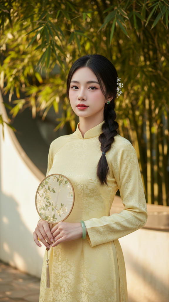 Chân dung thanh lịch của cô gái trẻ trong trang phục áo dài truyền thống Việt Nam