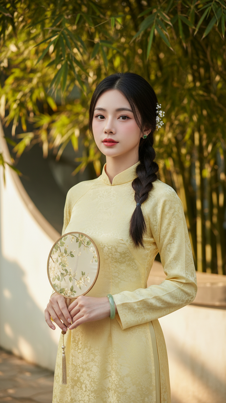 Chân dung thanh lịch của cô gái trẻ trong trang phục áo dài truyền thống Việt Nam