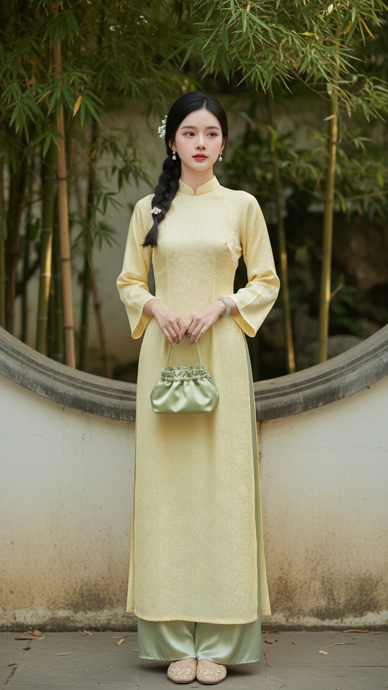 Chân dung thực tế của cô gái trẻ trong trang phục áo dài truyền thống giữa thiên nhiên