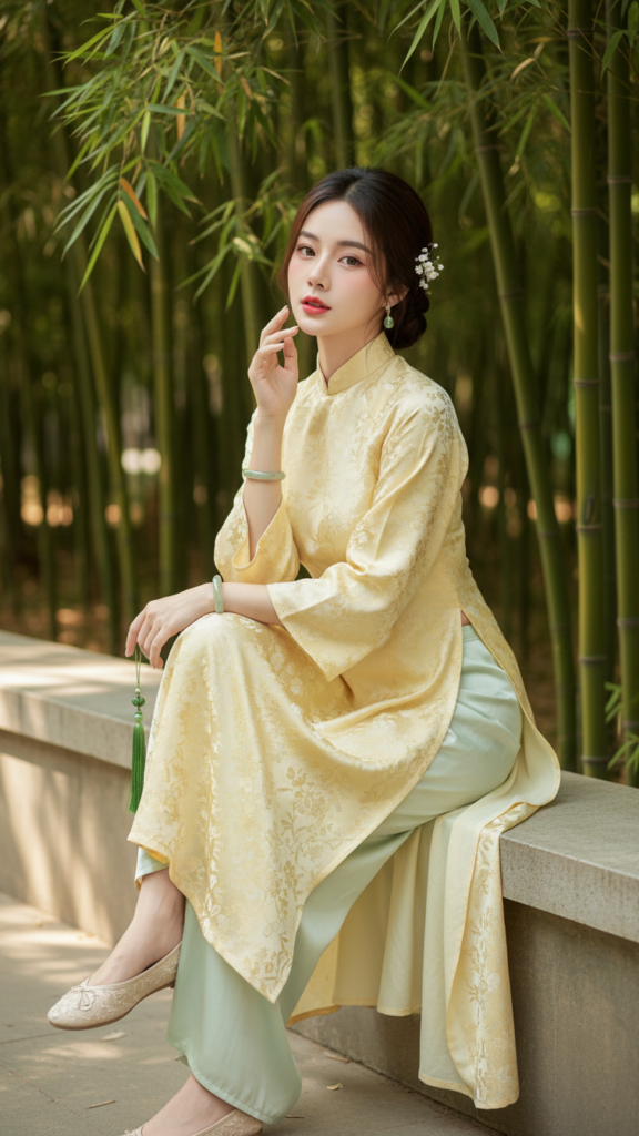 Chân dung nữ thanh niên trong trang phục truyền thống giữa vườn cổ kính