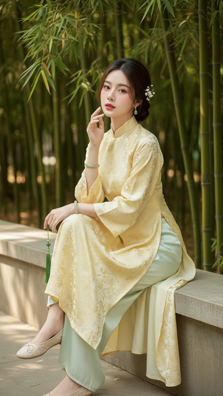 Chân dung nữ thanh niên trong trang phục truyền thống giữa vườn cổ kính