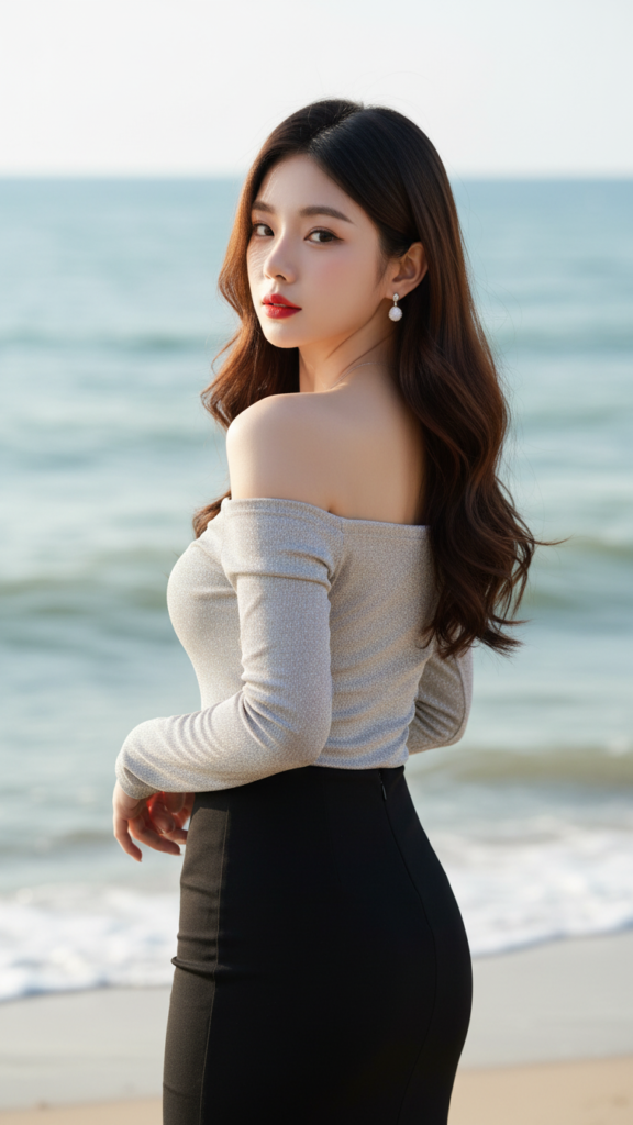 Chân dung thanh lịch của cô gái Á Đông bên bờ biển đẹp mắt và tự nhiên