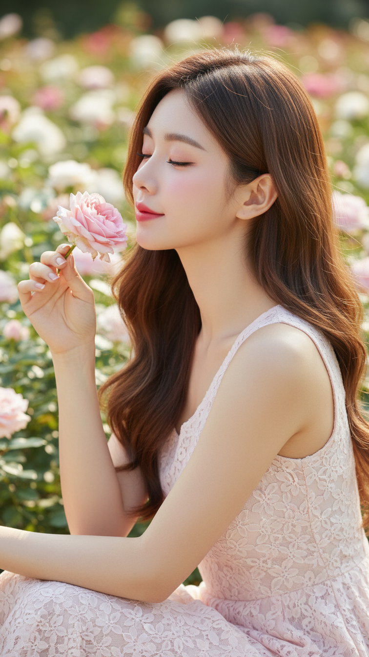 Chân dung cô gái trẻ dịu dàng giữa vườn hồng với vẻ đẹp tự nhiên và thanh khiết