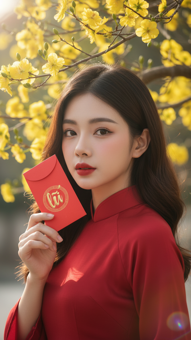 Chân dung chân thực của cô gái trẻ trong áo dài bên hoa mai rực rỡ