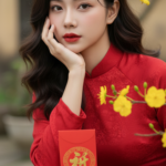 Chân dung thực tế của cô gái trẻ trong tà áo dài truyền thống đỏ