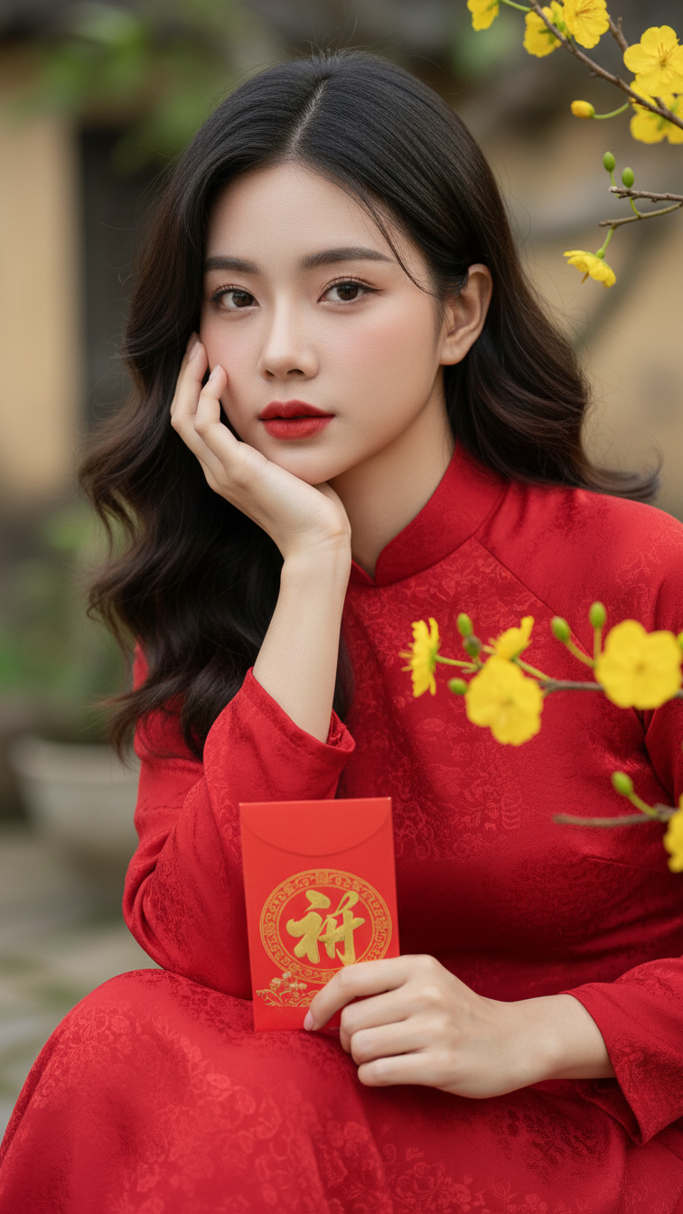 Chân dung thực tế của cô gái trẻ trong tà áo dài truyền thống đỏ