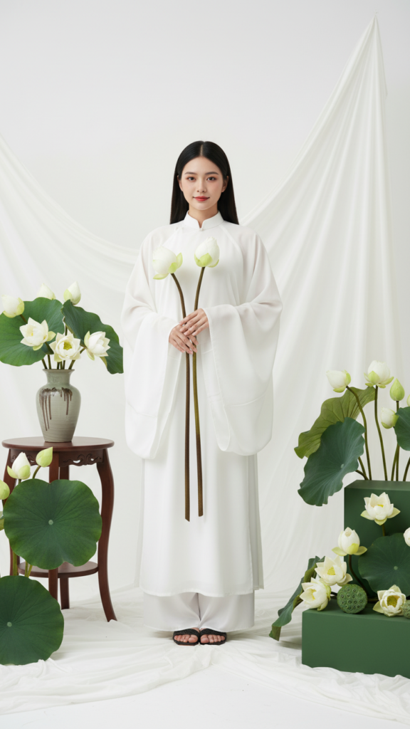 Chân dung người phụ nữ Việt Nam với hoa sen trong studio tối giản ấn tượng.