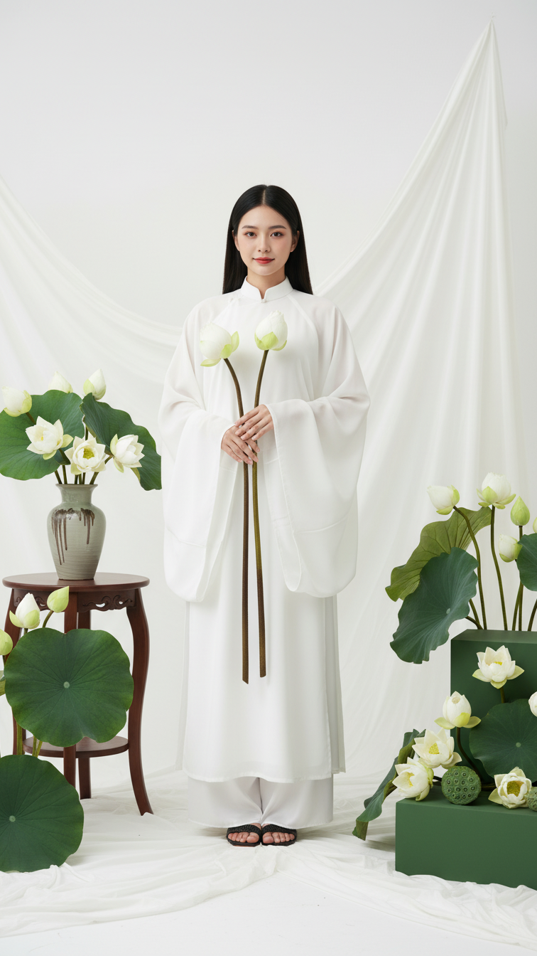 Chân dung người phụ nữ Việt Nam với hoa sen trong studio tối giản ấn tượng.