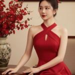 Chân dung thanh lịch của cô gái Việt trong trang phục đỏ quyến rũ và nội thất truyền thống