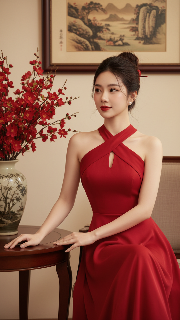 Chân dung thanh lịch của cô gái Việt trong trang phục đỏ quyến rũ và nội thất truyền thống