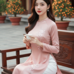 Sắc đẹp tinh tế trong chiếc áo dài lụa hồng giữa không gian truyền thống