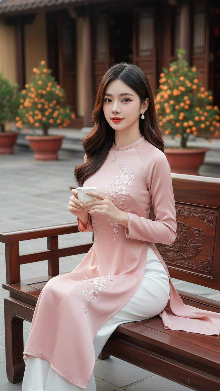 Sắc đẹp tinh tế trong chiếc áo dài lụa hồng giữa không gian truyền thống