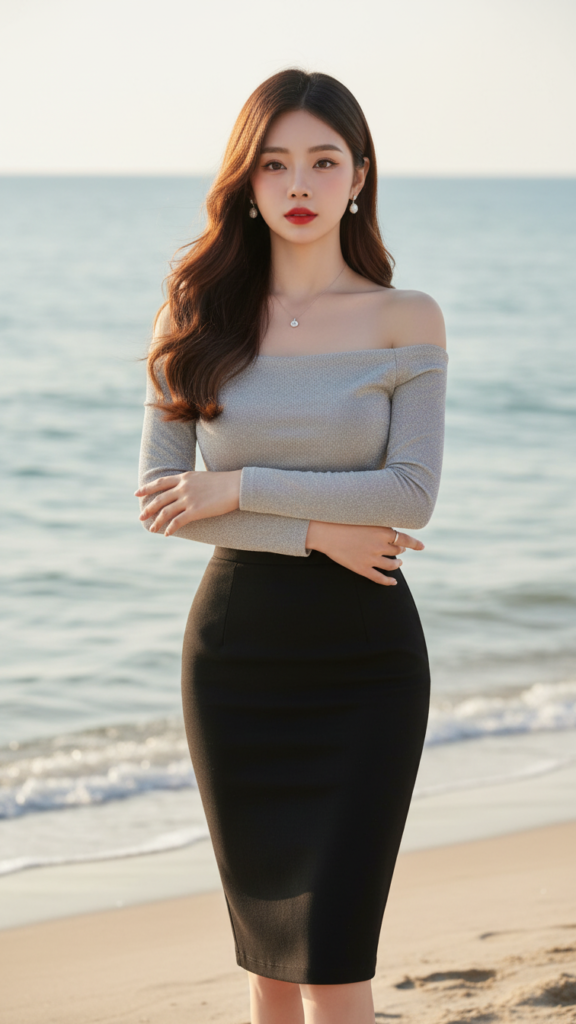 Chân dung cô gái Á Đông tự tin bên biển trong bộ trang phục thanh lịch