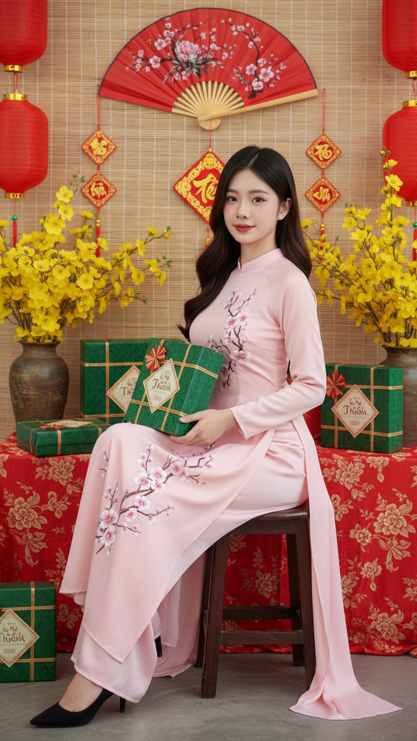 Chân dung phụ nữ Việt Nam trong không gian Tết truyền thống ấm áp và thanh lịch