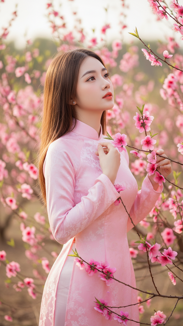 Chân dung nữ sinh Việt Nam giữa hoa đào sắc hồng nhẹ nhàng và thanh thoát