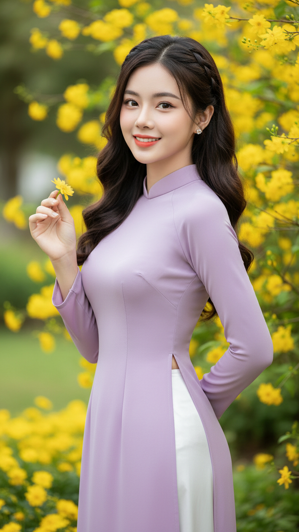 Nét đẹp dịu dàng trong chiếc áo dài bên hoa vàng rực rỡ mùa xuân