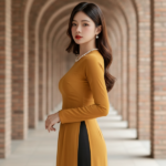 Áo dài vàng mù tạt cùng phong cách thời thượng và quý phái giữa không gian hiện đại