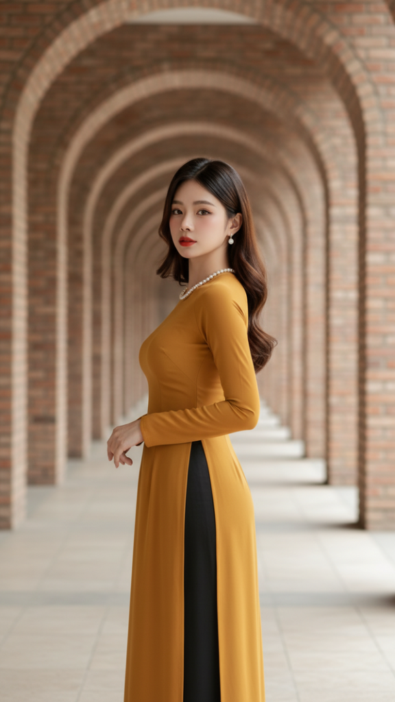 Áo dài vàng mù tạt cùng phong cách thời thượng và quý phái giữa không gian hiện đại